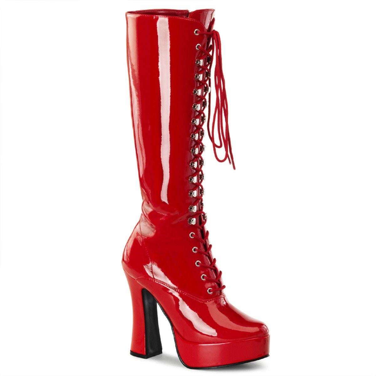 Pleaser Electra-2020 R - Shiny Red Platform High Chunky-Heel Knee High Boots