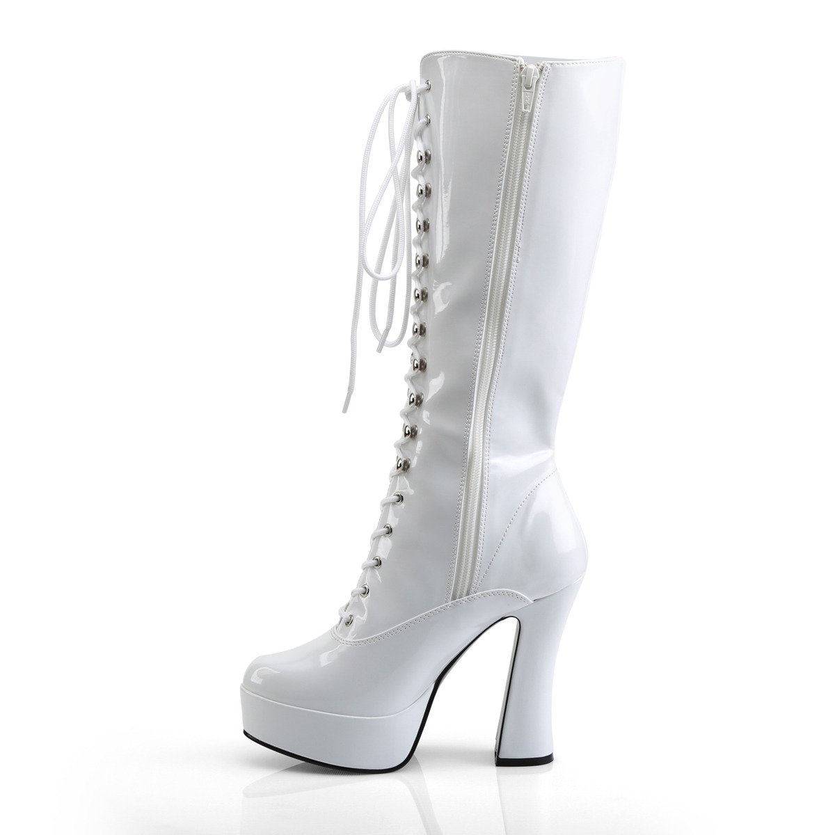 Pleaser Electra-2020 W - Shiny White Platform High Chunky-Heel Knee High Boots