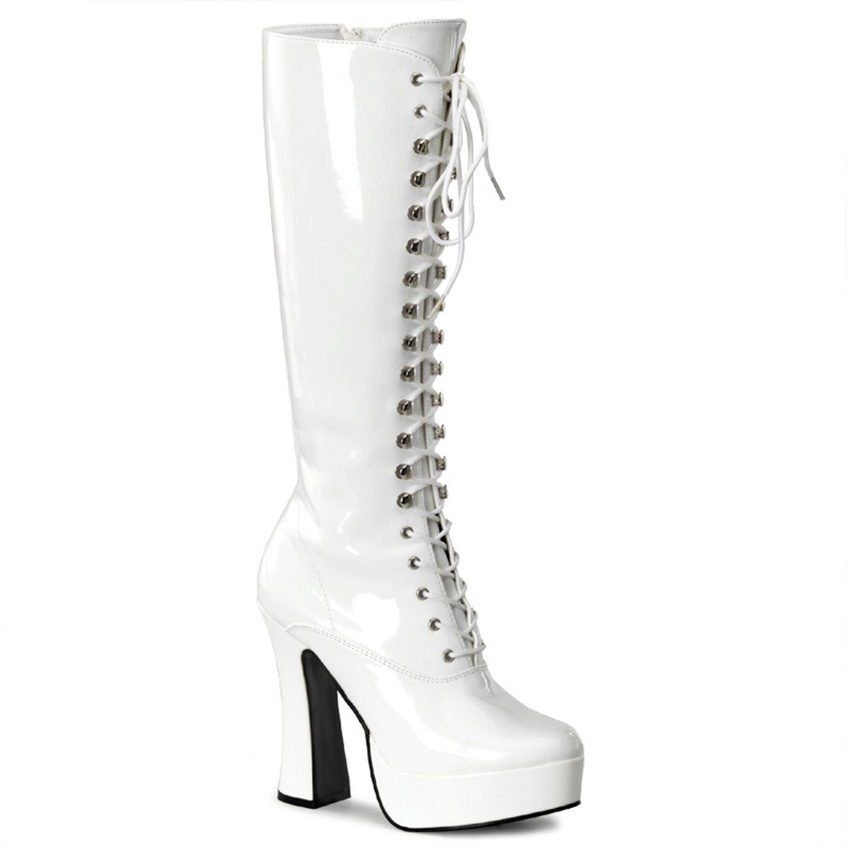 Pleaser Electra-2020 W - Shiny White Platform High Chunky-Heel Knee High Boots
