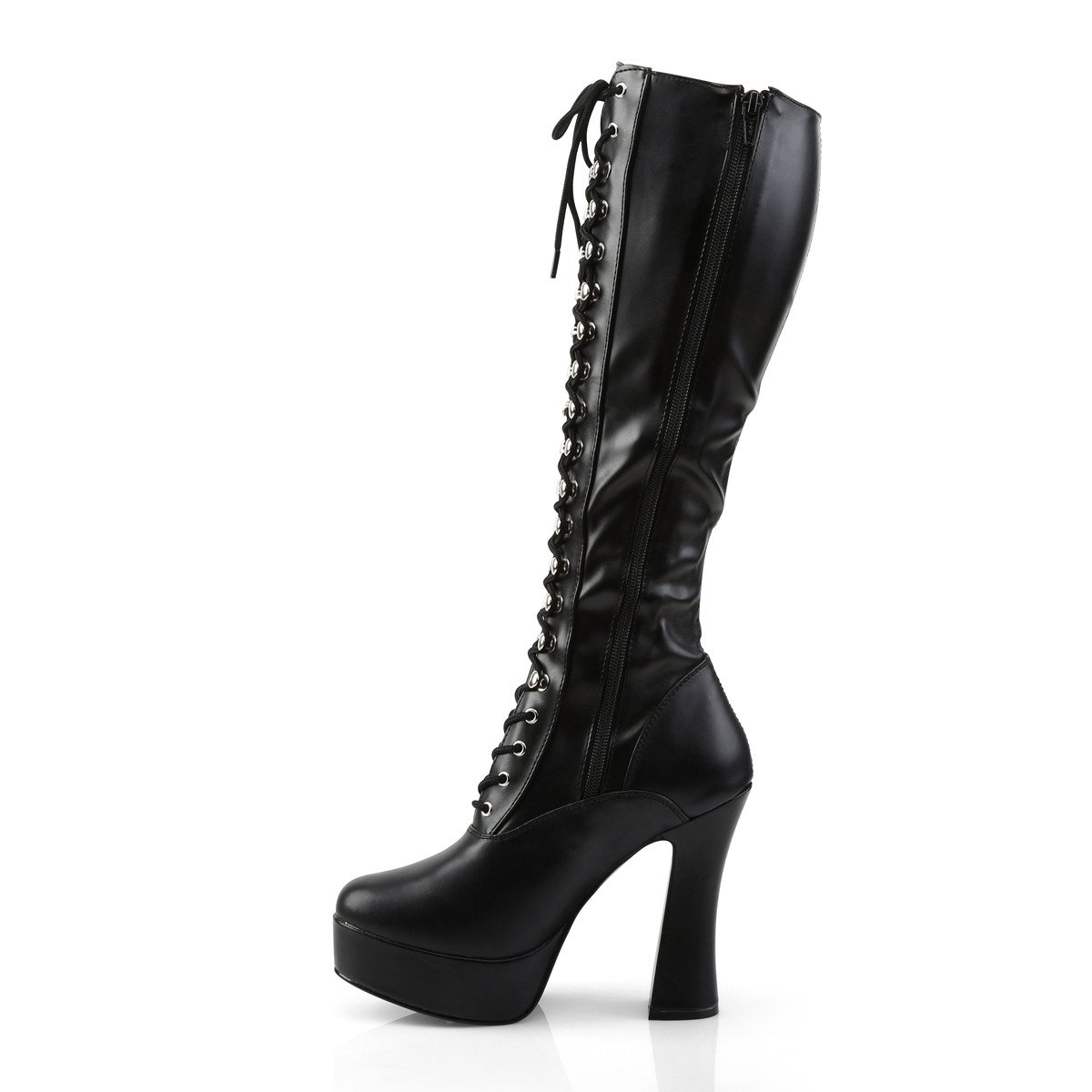 Pleaser Electra-2023 B/PU - Black Platform High Chunky-Heel Knee High Boots