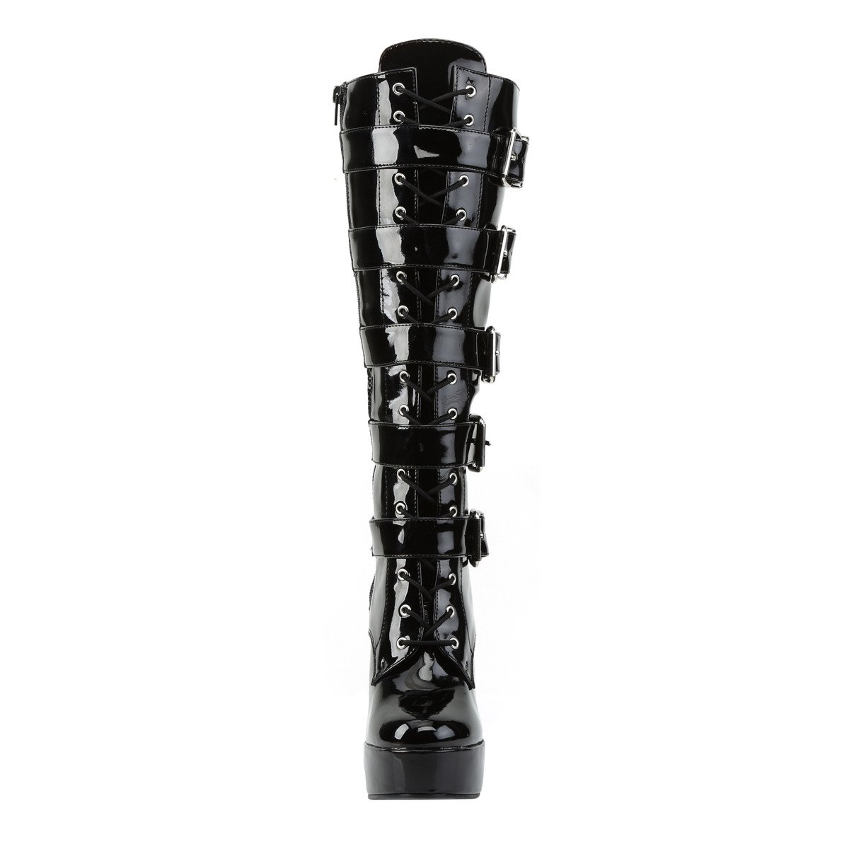 Pleaser Electra-2042 B - Shiny Black Platform High Chunky-Heel Knee High Boots