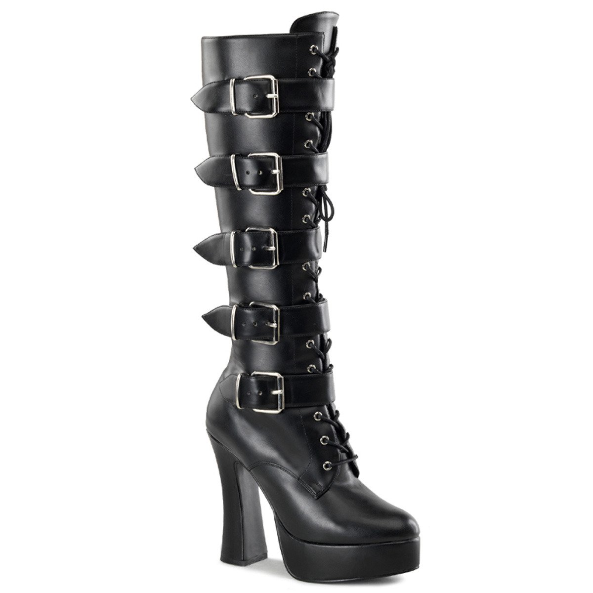 Pleaser Electra-2042 B/PU - Black Platform High Chunky-Heel Knee High Boots