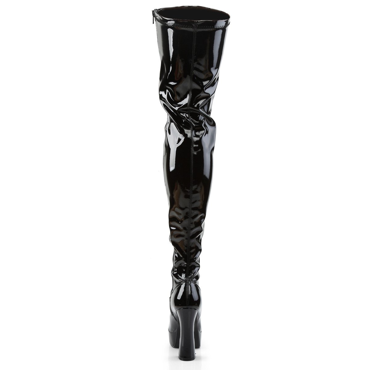 Pleaser Electra-3000Z B - Shiny Black Platform High Chunky-Heel Thigh High Boots