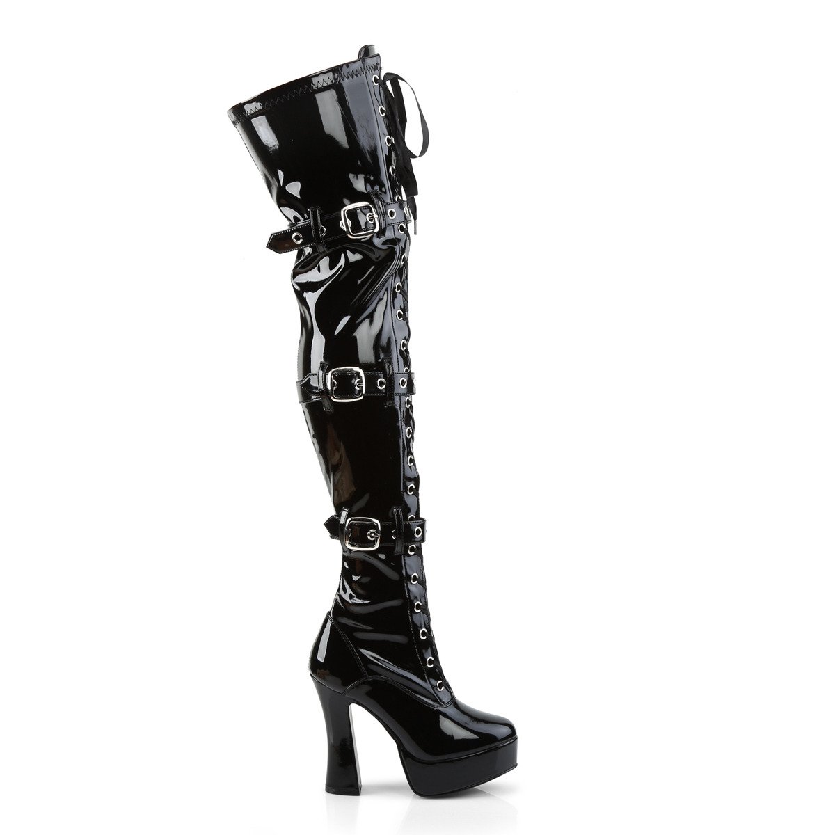 Pleaser Electra-3028 B - Shiny Black Platform High Chunky-Heel Thigh High Boots