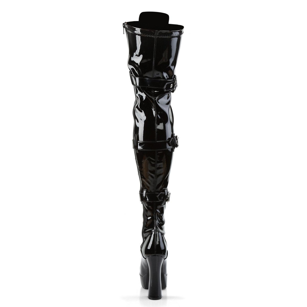 Pleaser Electra-3028 B - Shiny Black Platform High Chunky-Heel Thigh High Boots