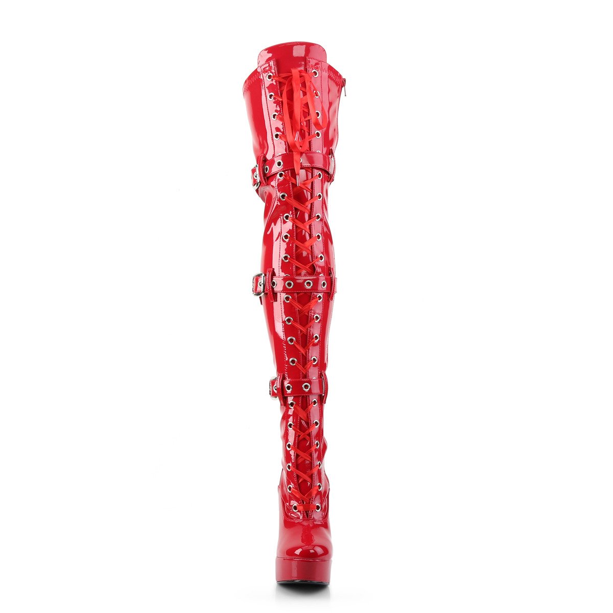 Pleaser Electra-3028 R - Shiny Red Platform High Chunky-Heel Thigh High Boots