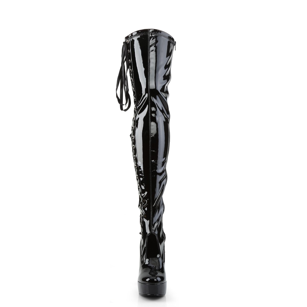 Pleaser Electra-3050 B - Shiny Black Platform High Chunky-Heel Thigh High Boots
