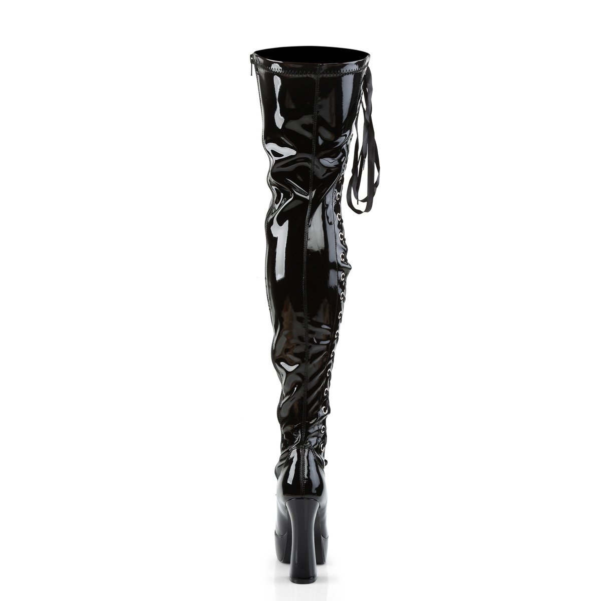 Pleaser Electra-3050 B - Shiny Black Platform High Chunky-Heel Thigh High Boots