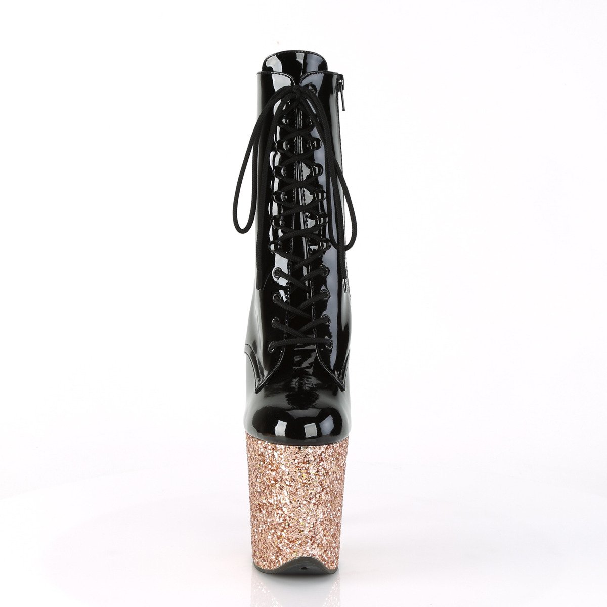 Pleaser Flamingo-1020LG B/ROGLDG - Shiny Black High-Platform Ankle Boots