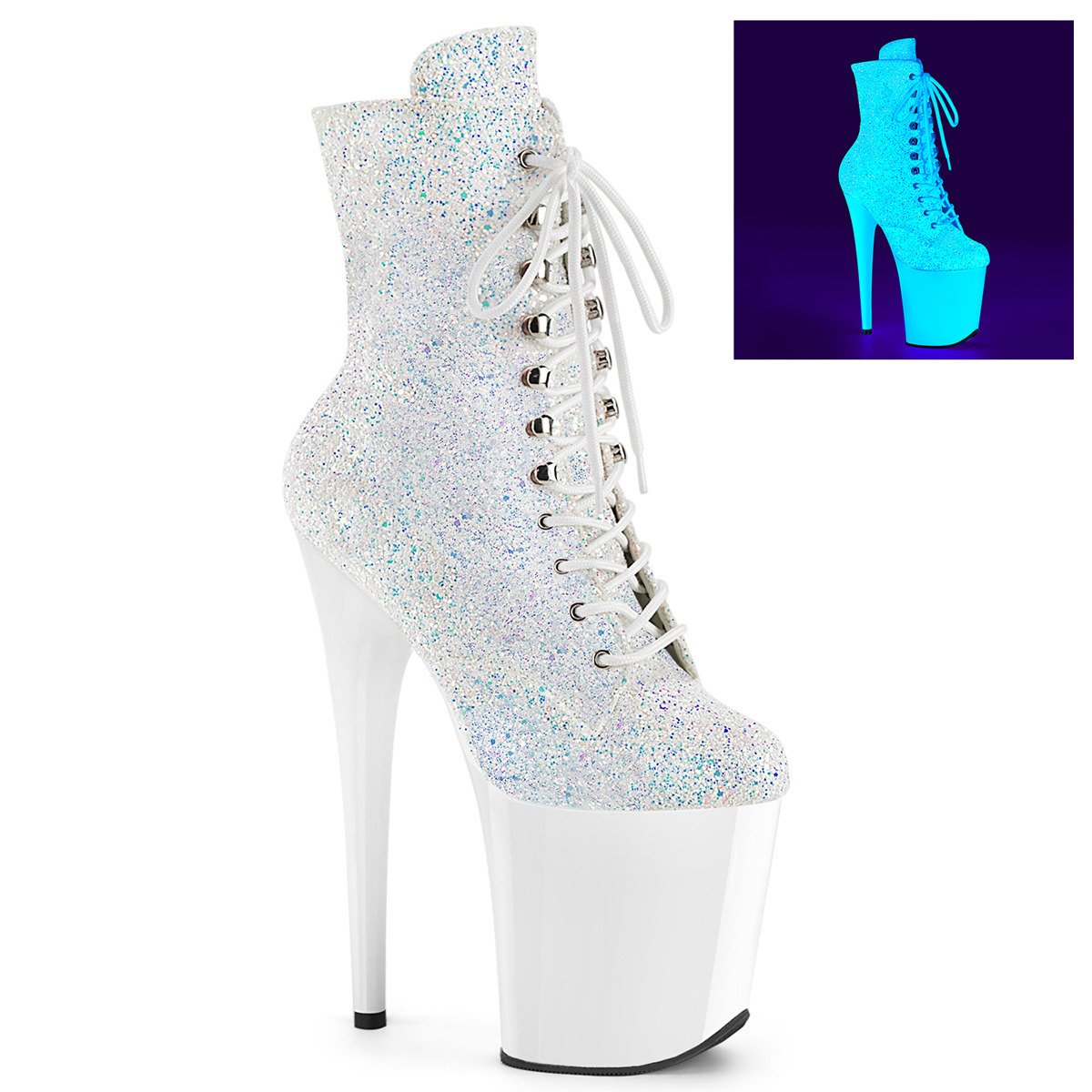 Pleaser Flamingo-1020LG NWMG/NW - Shiny White High-Platform Ankle Boots