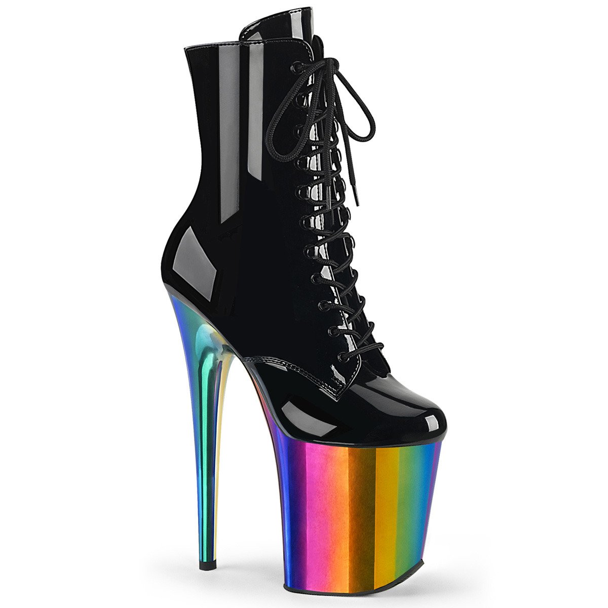 Pleaser Flamingo-1020RC B/RBOWCH - Shiny Black High-Platform Ankle Boots