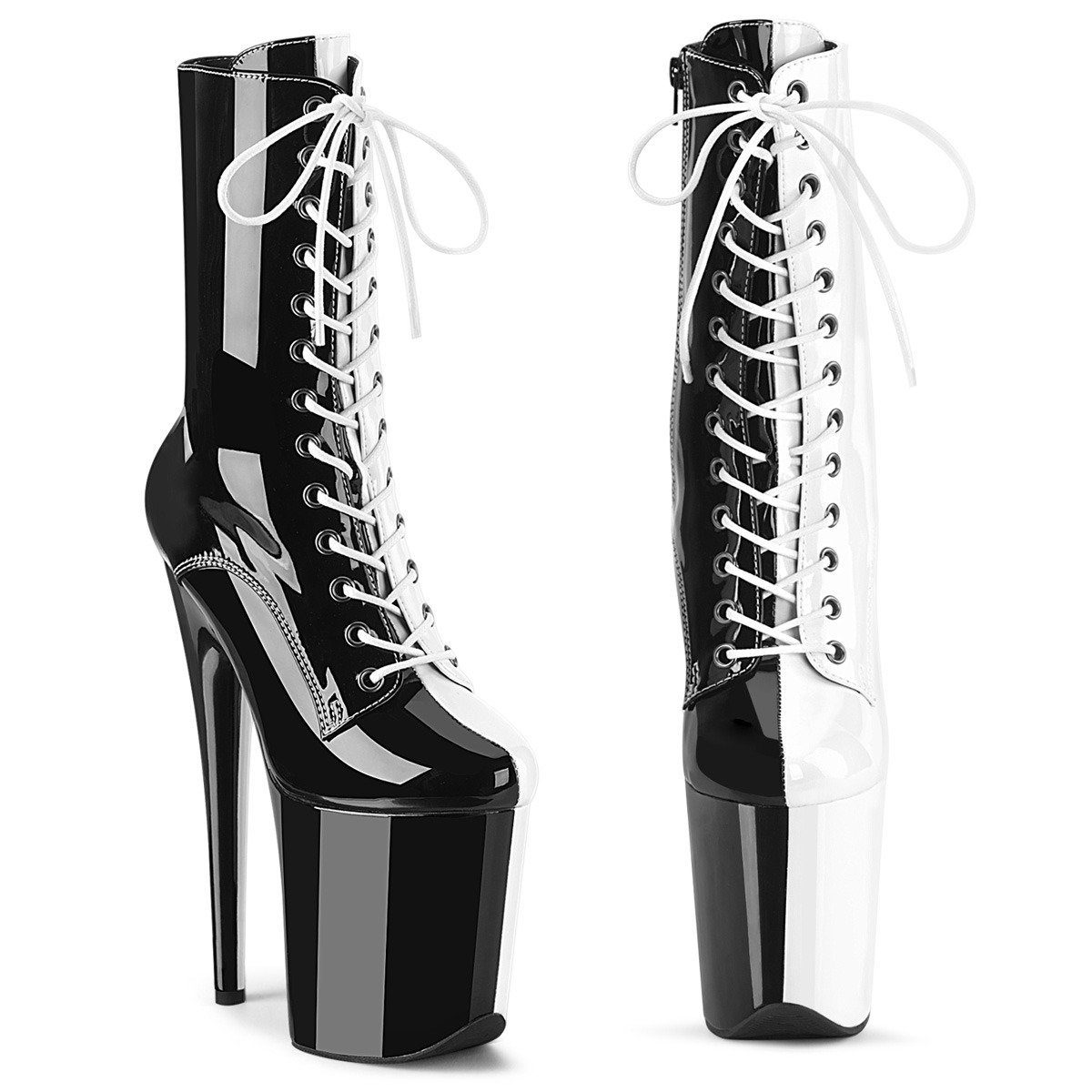 Pleaser Flamingo-1040TT B-W/M - Shiny Black High-Platform Ankle Boots