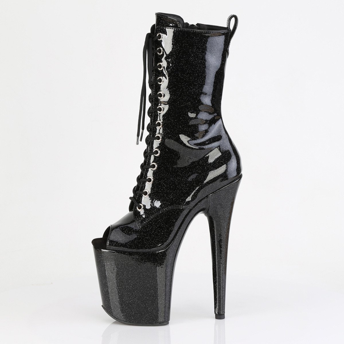 Pleaser Flamingo-1041GP BG/M - Shiny Black High-Platform Peep Toe Boots