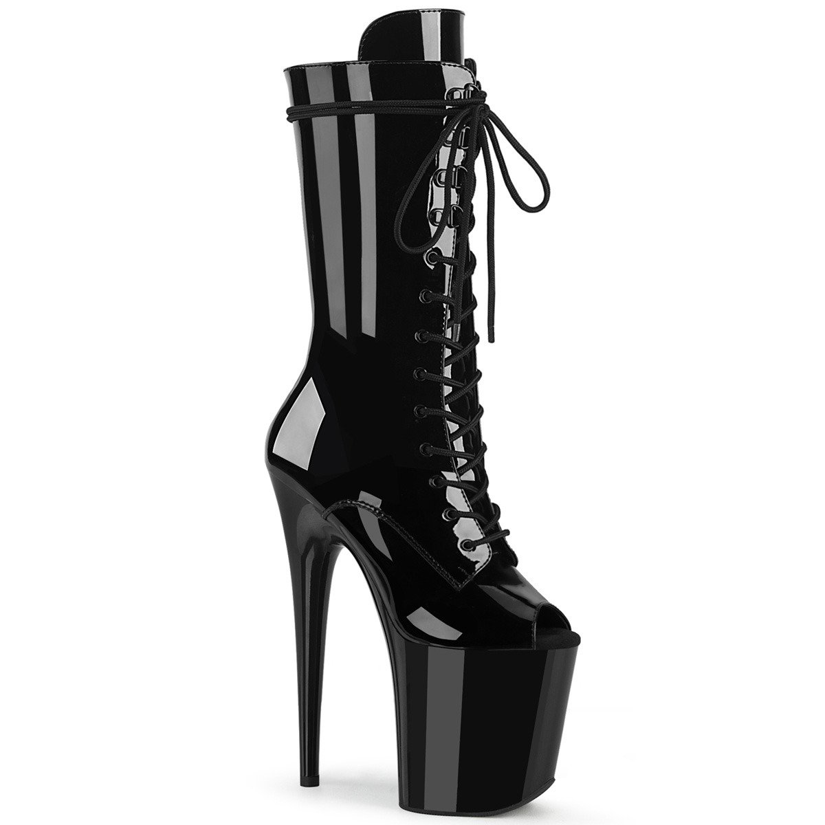 Pleaser Flamingo-1051 B/M - Shiny Black High-Platform Peep Toe Boots