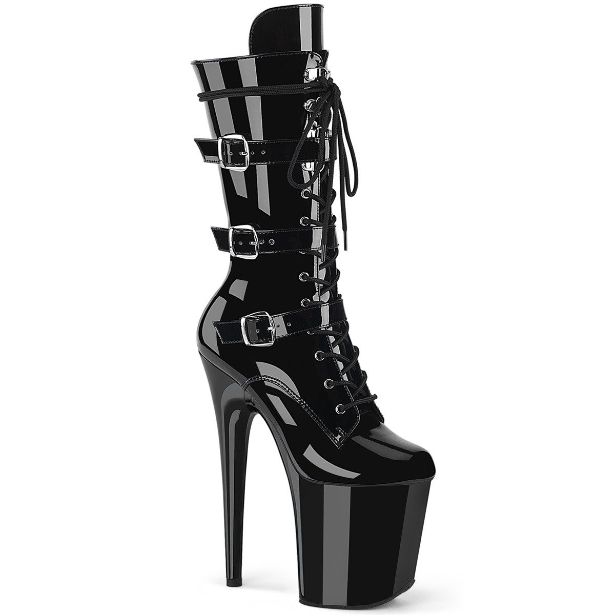 Pleaser Flamingo-1053 B/M - Shiny Black High-Platform Ankle Boots