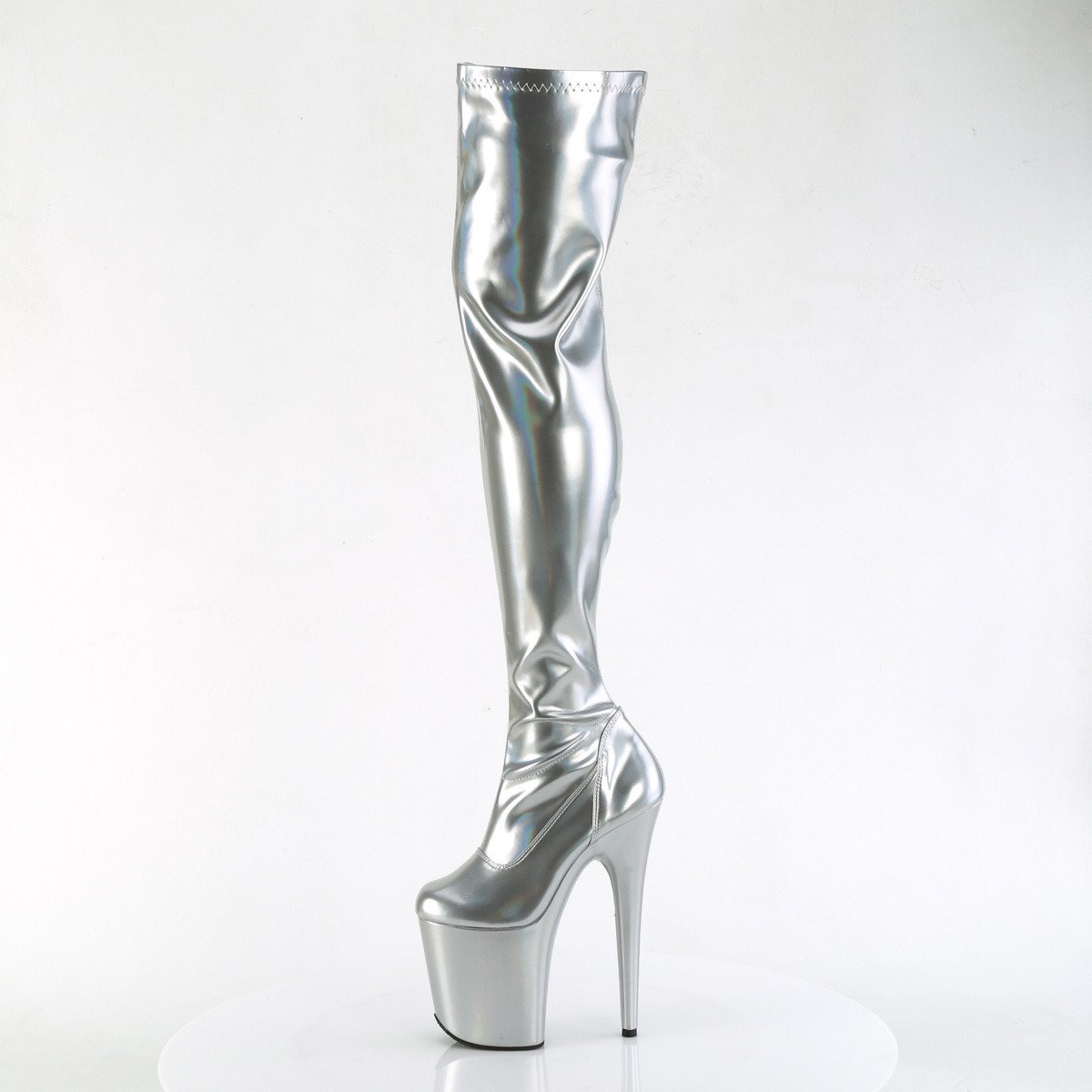 Pleaser Flamingo-3000HWR SHG/M - Shiny Silver High-Platform Knee High Boots