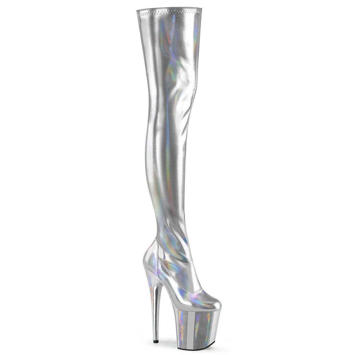 Pleaser Flamingo-3000HWR SHG/M - Shiny Silver High-Platform Knee High Boots