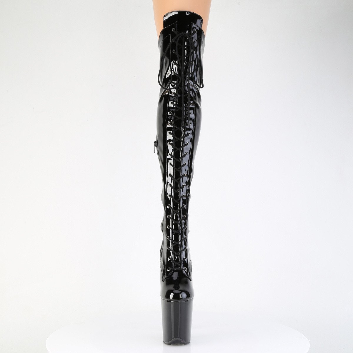 Pleaser Flamingo-3014 B/M - Shiny Black High-Platform Thigh High Boots