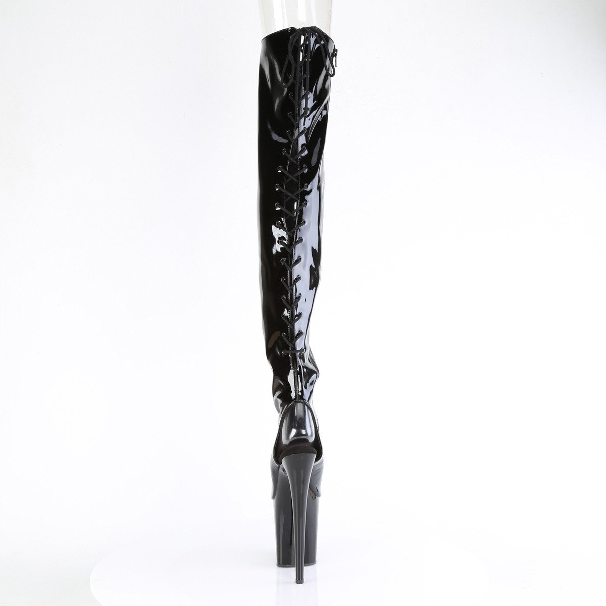 Pleaser Flamingo-3017 B/M - Shiny Black High-Platform Thigh High Boots