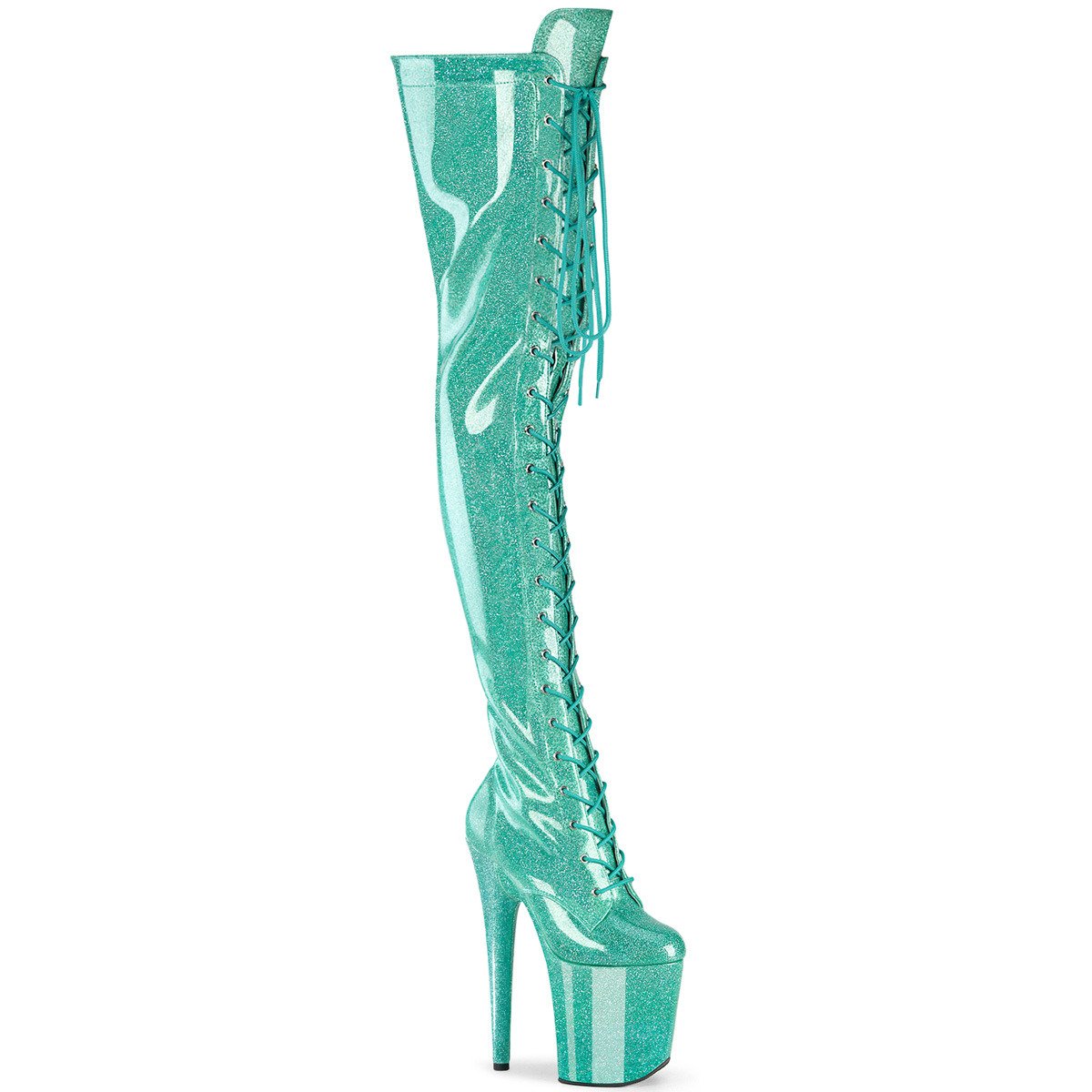 Pleaser Flamingo-3020GP AQG/M - Shiny Turquoise High-Platform Thigh High Boots