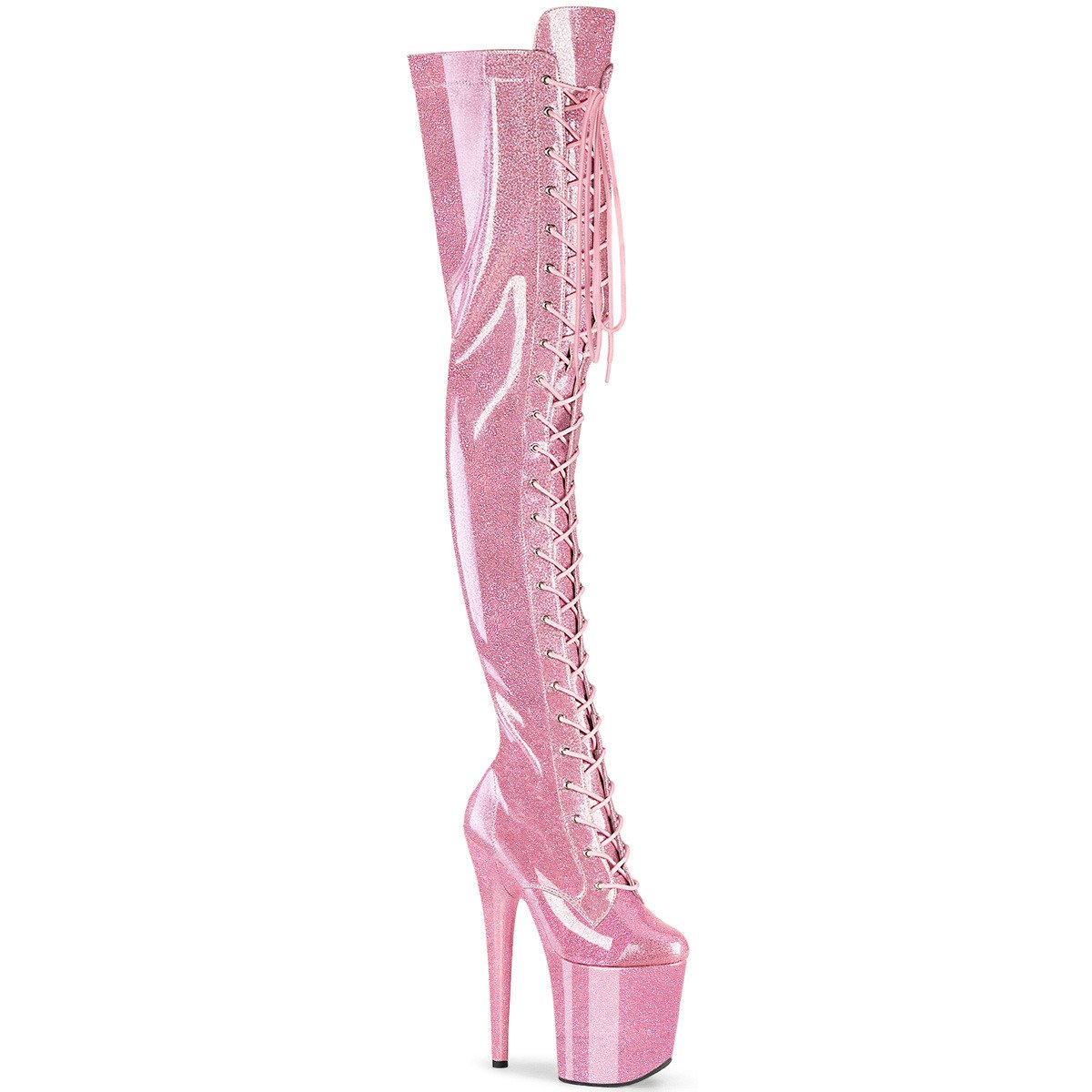 Pleaser Flamingo-3020GP BPG/M - Shiny Pink High-Platform Thigh High Boots