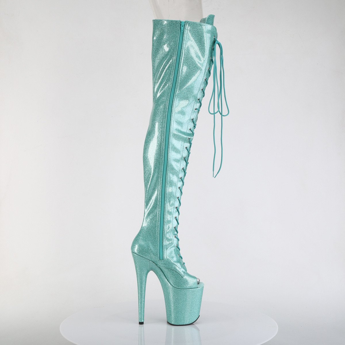 Pleaser Flamingo-3021GP AQG/M - Shiny Turquoise High-Platform Peep Toe Boots