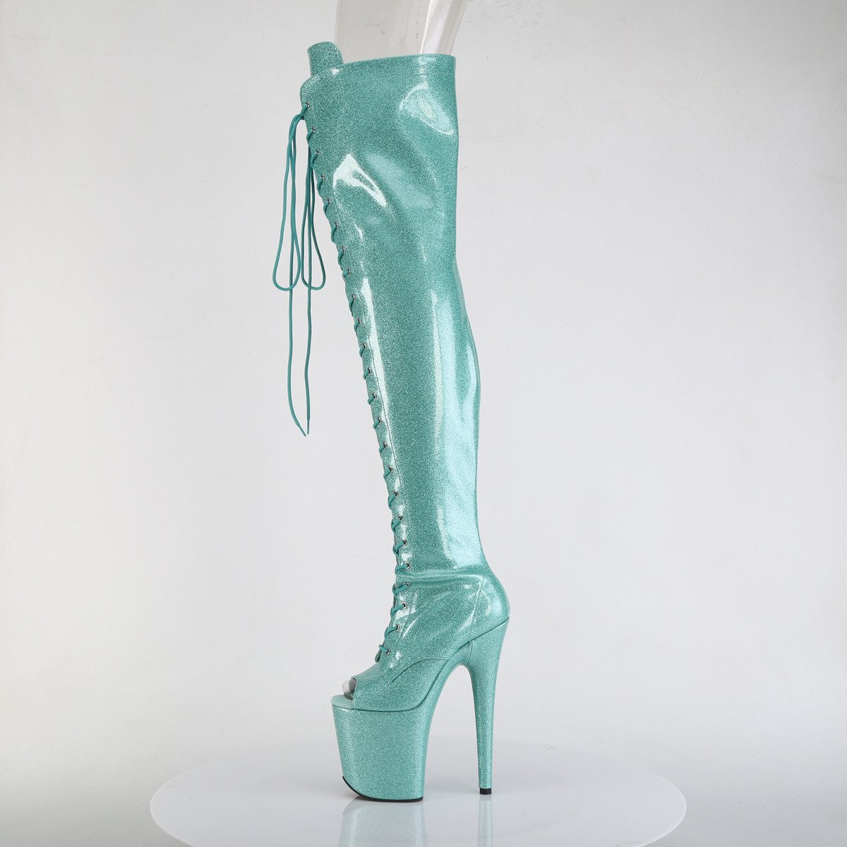 Pleaser Flamingo-3021GP AQG/M - Shiny Turquoise High-Platform Peep Toe Boots