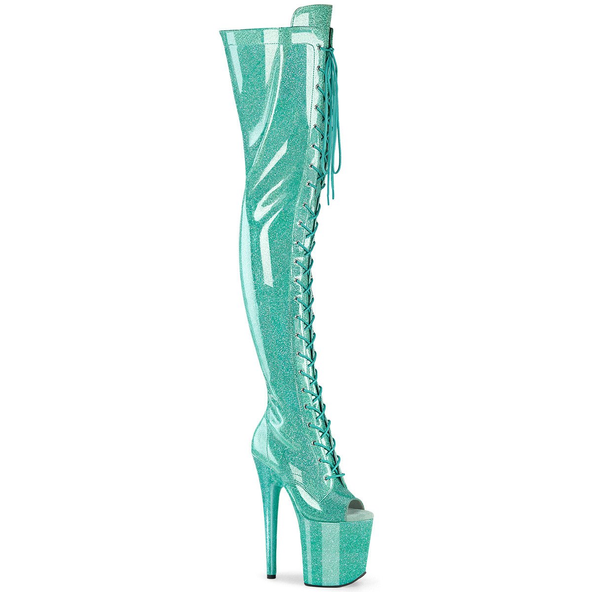 Pleaser Flamingo-3021GP AQG/M - Shiny Turquoise High-Platform Peep Toe Boots