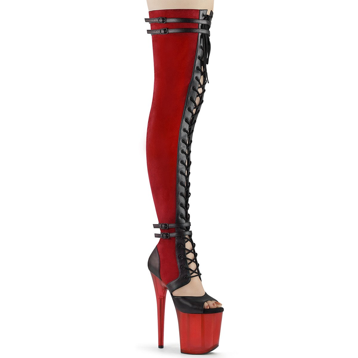 Pleaser Flamingo-3027 RFS-BPU/R - Red High-Platform Thigh High Boots