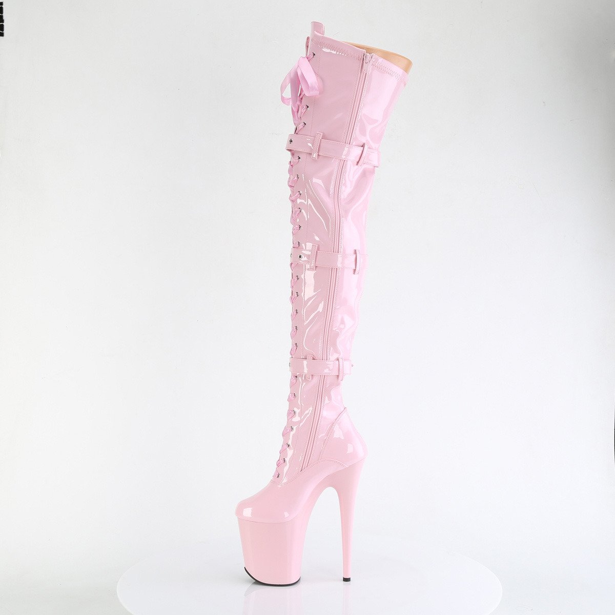 Pleaser Flamingo-3028 BP/M - Shiny Pink High-Platform Thigh High Boots