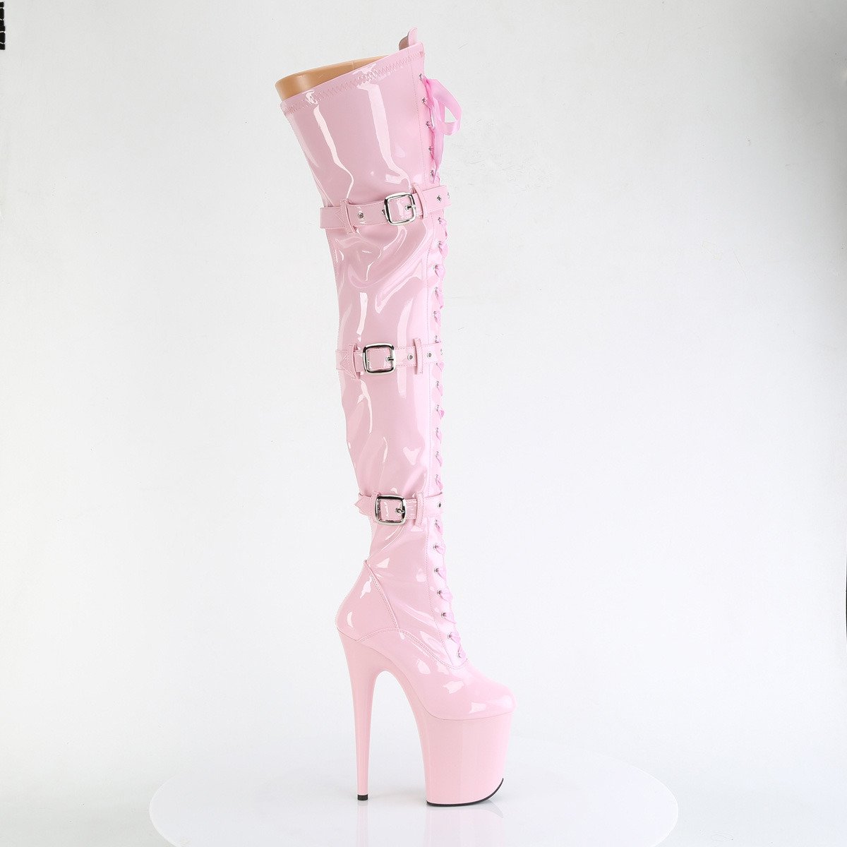 Pleaser Flamingo-3028 BP/M - Shiny Pink High-Platform Thigh High Boots
