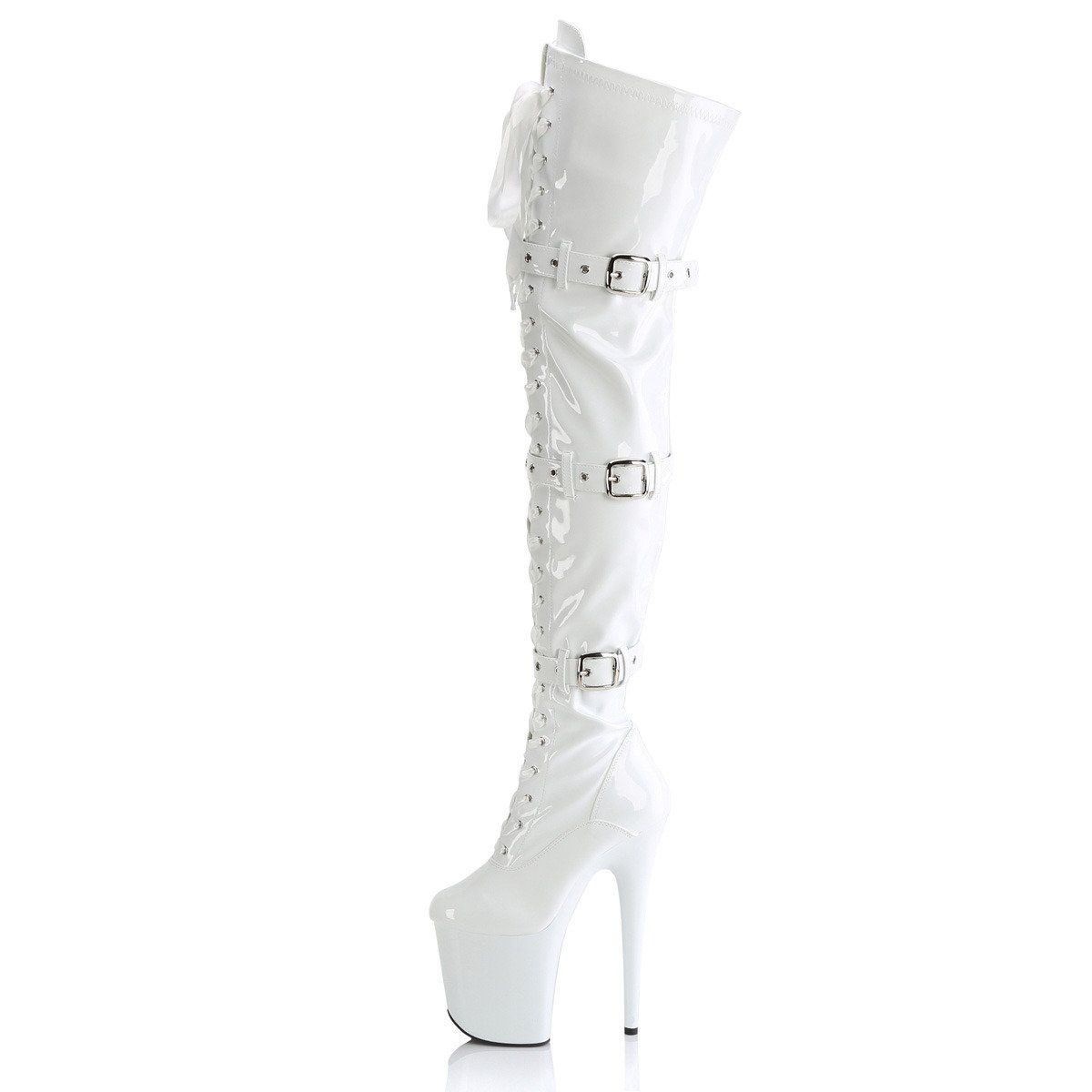 Pleaser Flamingo-3028 W/M - Shiny White High-Platform Thigh High Boots