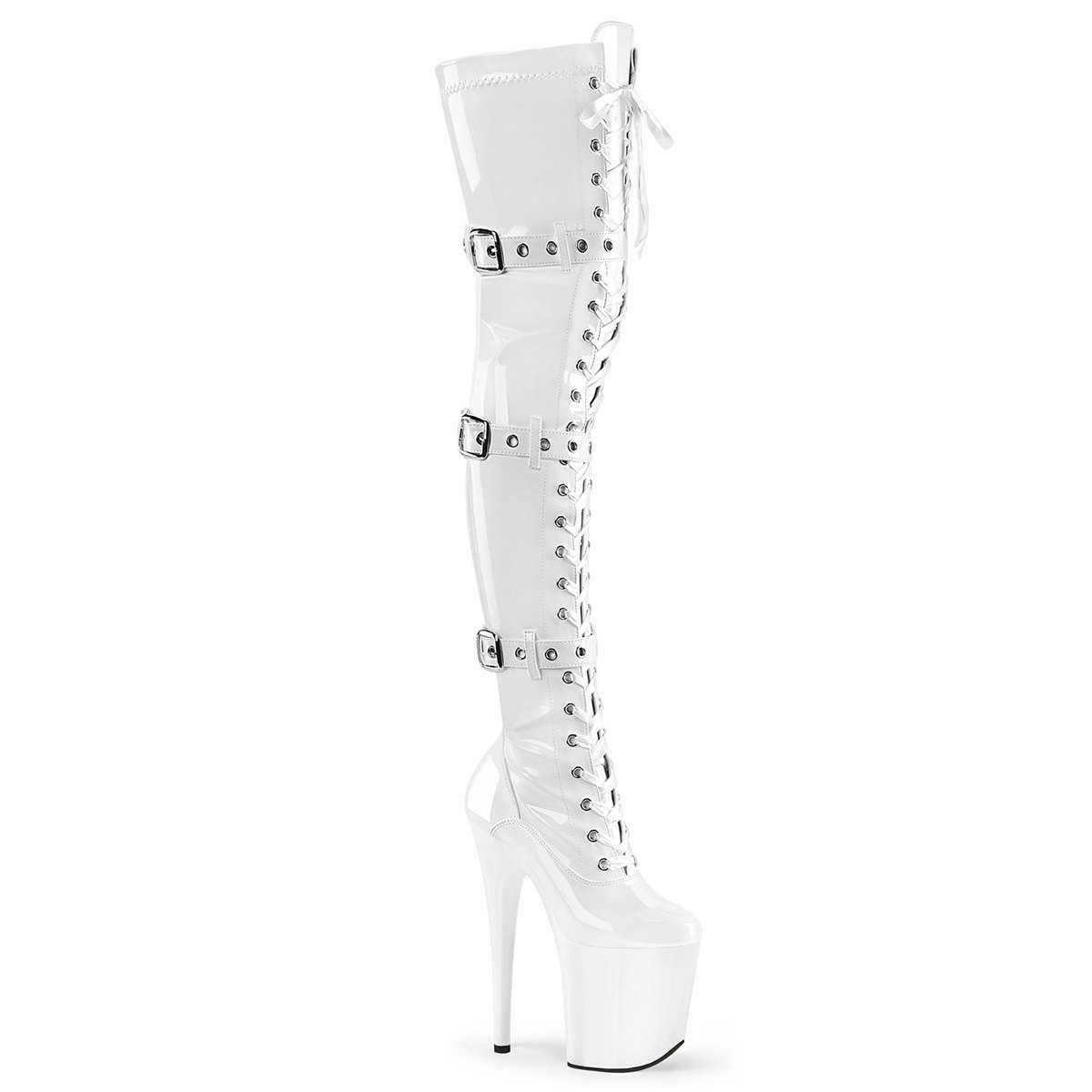 Pleaser Flamingo-3028 W/M - Shiny White High-Platform Thigh High Boots