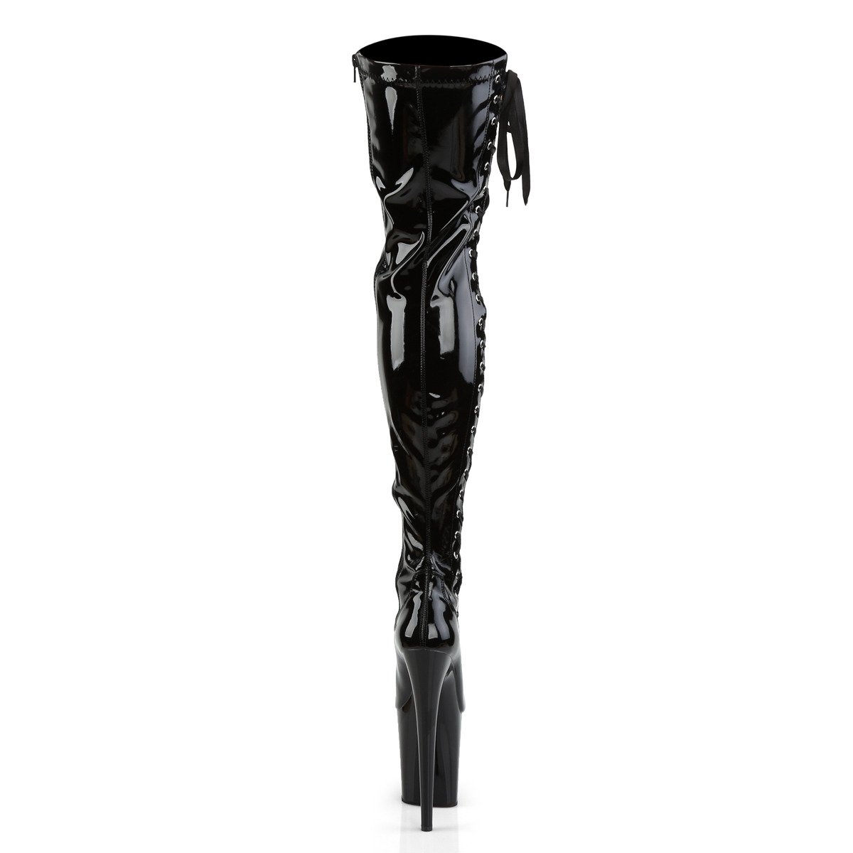 Pleaser Flamingo-3050 B/M - Shiny Black High-Platform Thigh High Boots