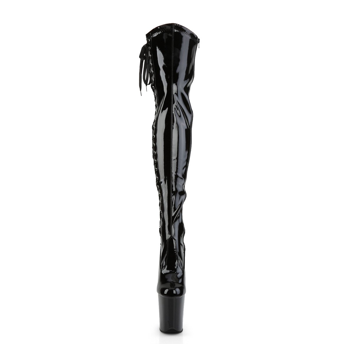 Pleaser Flamingo-3050 B/M - Shiny Black High-Platform Thigh High Boots