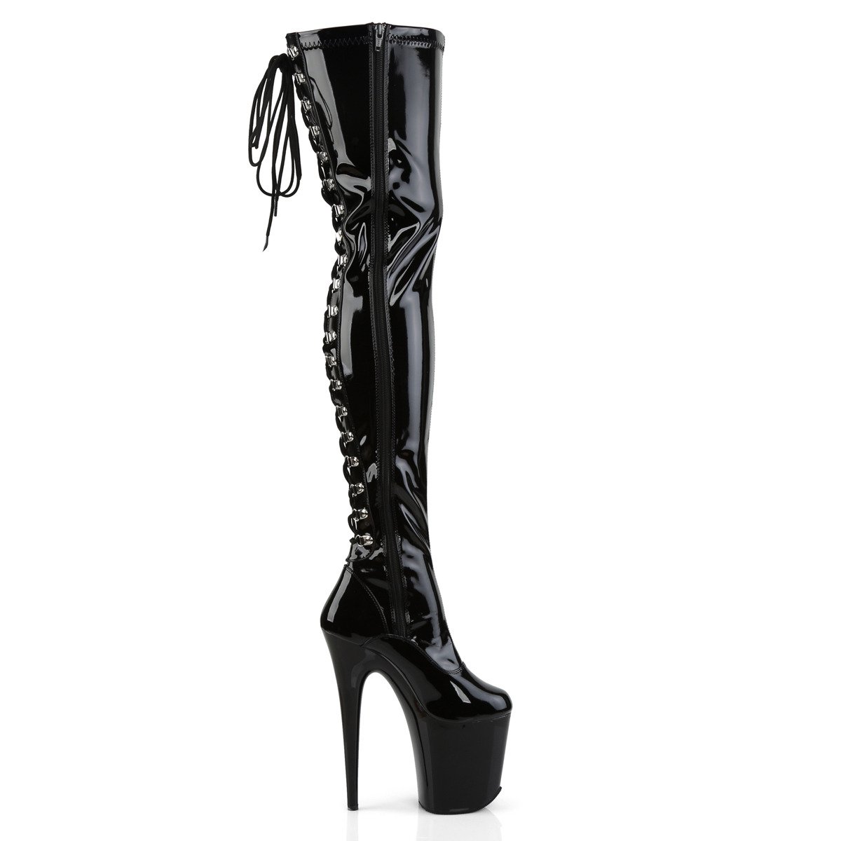Pleaser Flamingo-3063 B/M - Shiny Black High-Platform Thigh High Boots