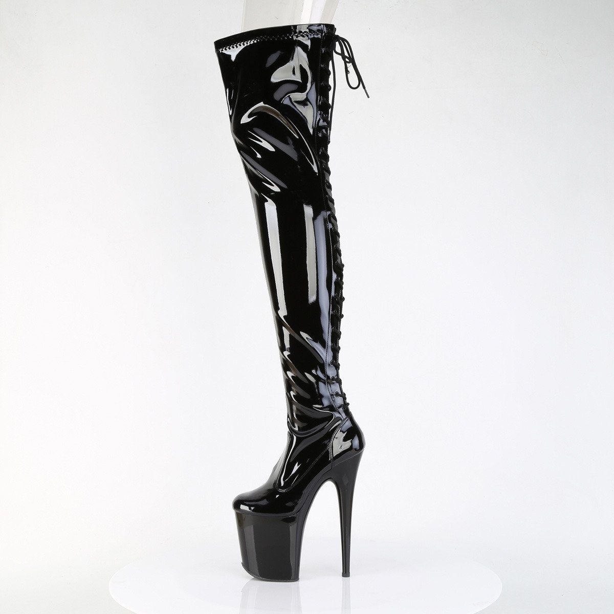Pleaser Flamingo-3850 B/M - Shiny Black High-Platform Thigh High Boots