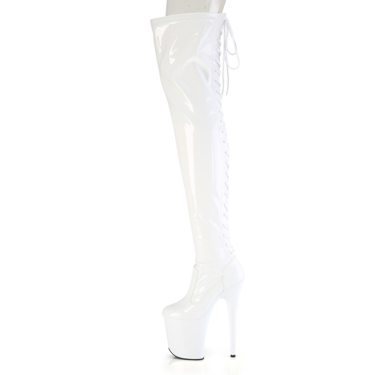Pleaser Flamingo-3850 W/M - Shiny White High-Platform Thigh High Boots