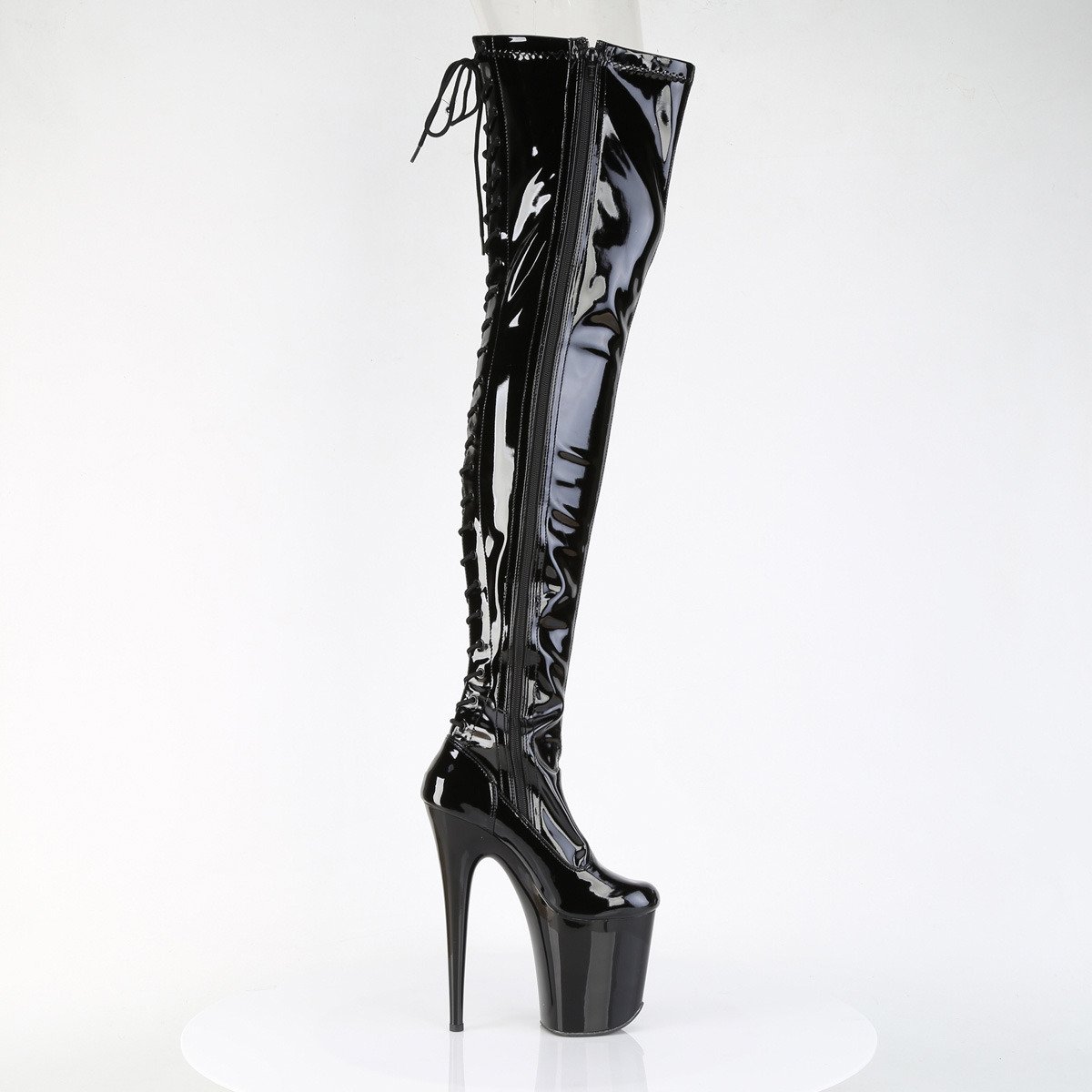 Pleaser Flamingo-3850 B/M - Shiny Black High-Platform Thigh High Boots