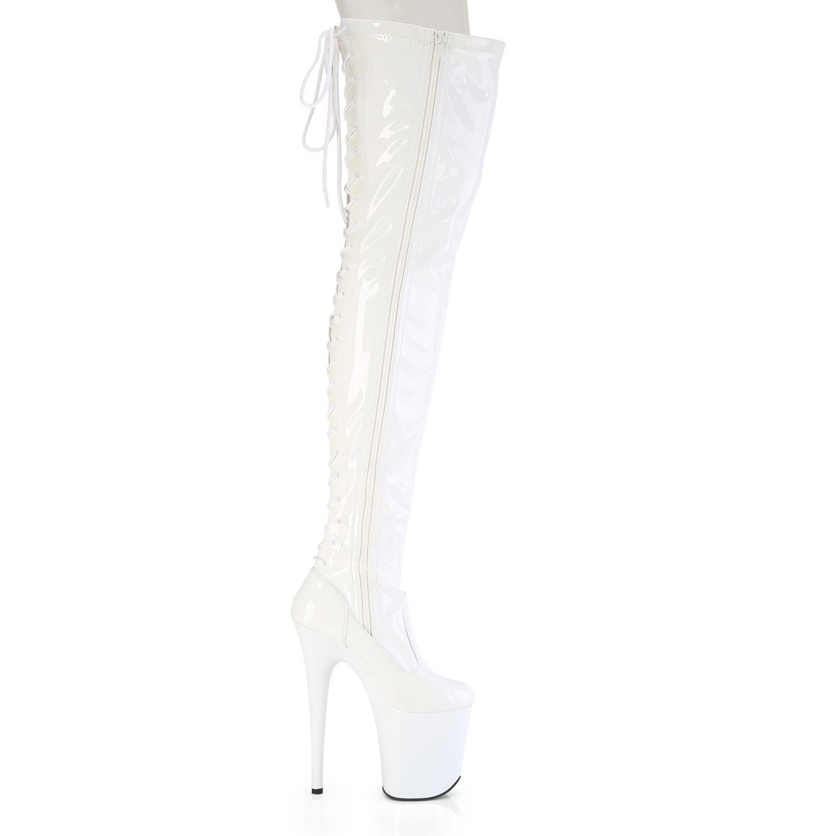 Pleaser Flamingo-3850 W/M - Shiny White High-Platform Thigh High Boots