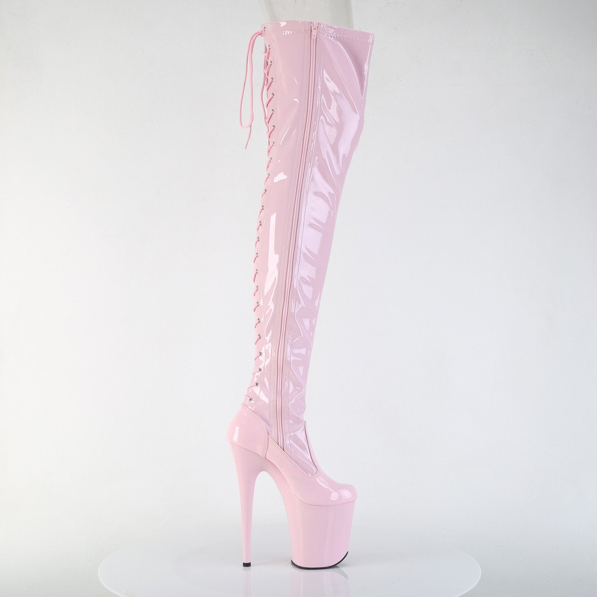 Pleaser Flamingo-3850 BP/M - Shiny Pink High-Platform Thigh High Boots