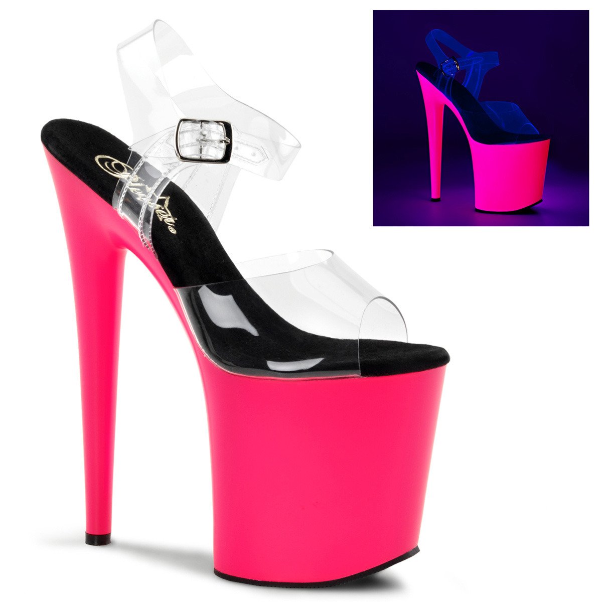 Pleaser Flamingo-808UV C/NP - Clear Uv Reactive High-Platform Sandals