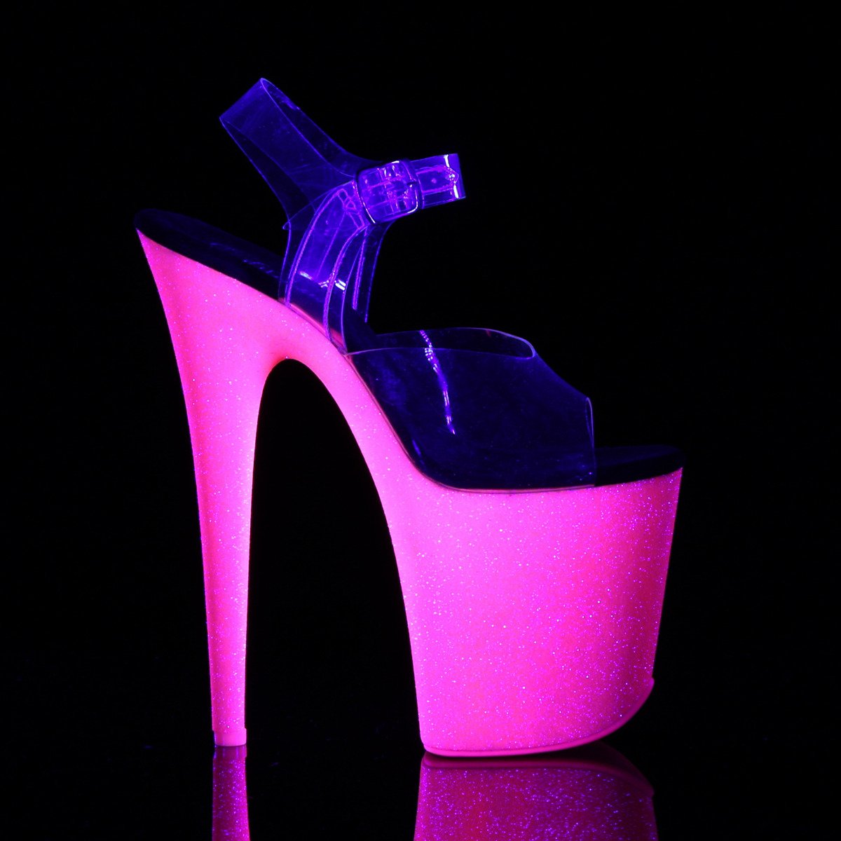Pleaser Flamingo-808UVG C/NHPG - Clear Uv Reactive High-Platform Sandals
