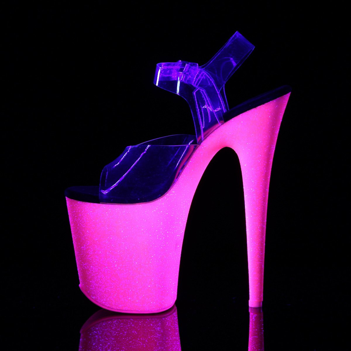 Pleaser Flamingo-808UVG C/NHPG - Clear Uv Reactive High-Platform Sandals