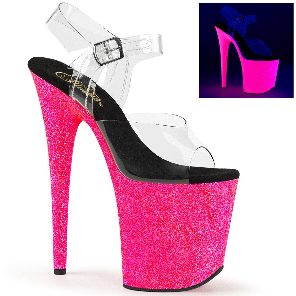 Pleaser Flamingo-808UVG C/NHPG - Clear Uv Reactive High-Platform Sandals