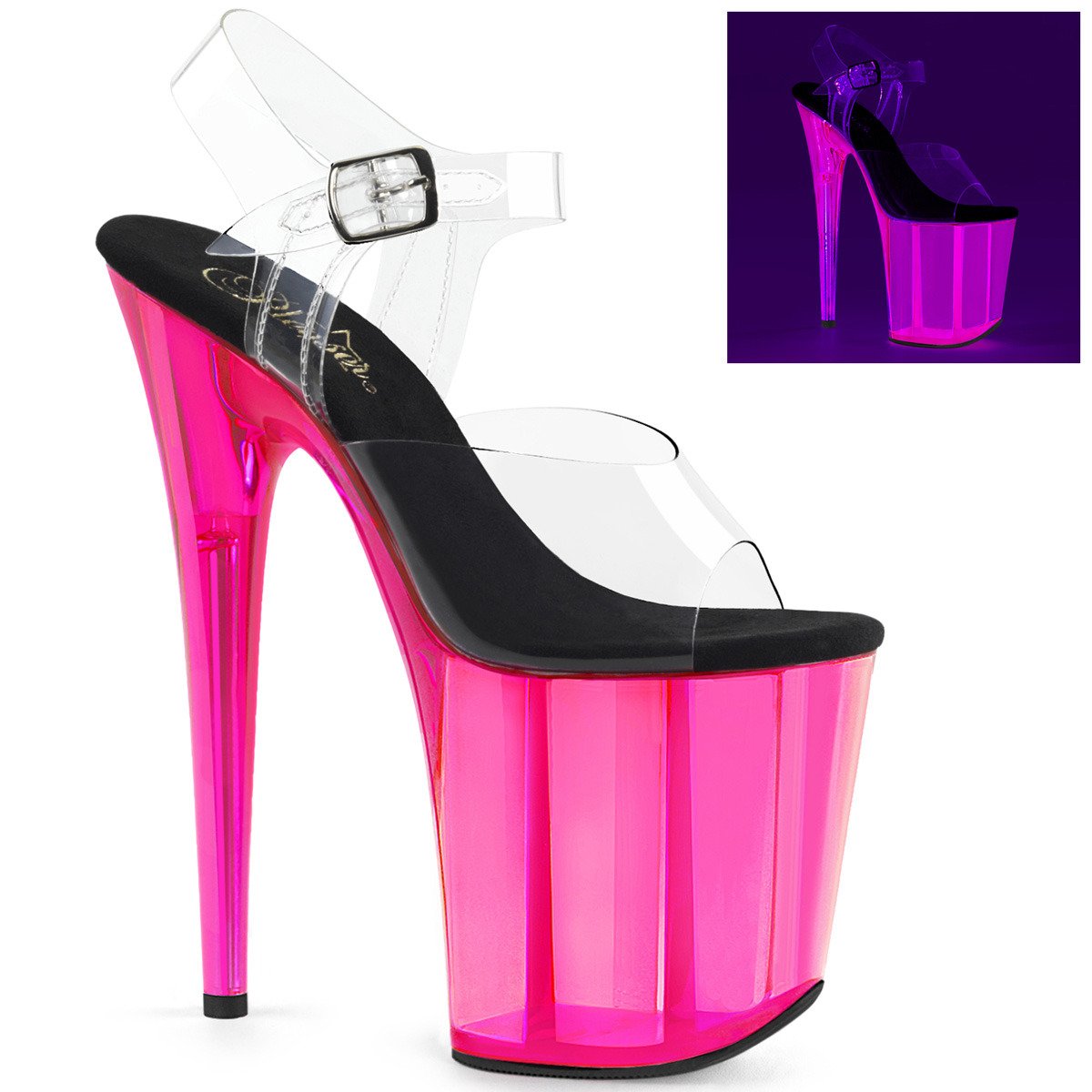 Pleaser Flamingo-808UVT C/HP - Clear Uv Reactive High-Platform Sandals
