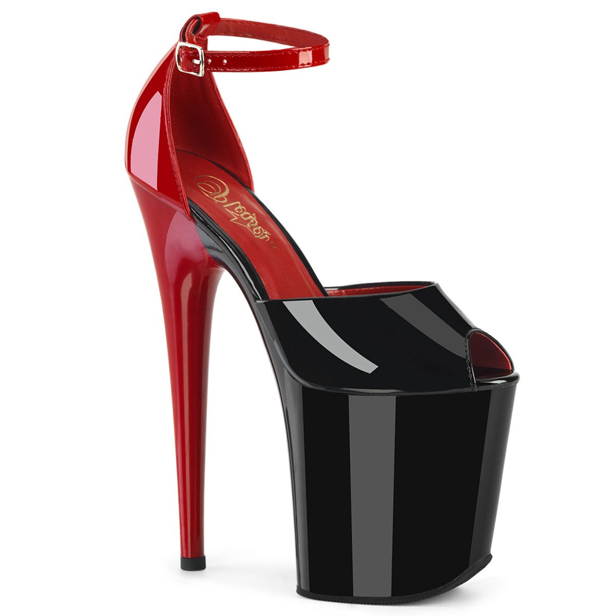 Pleaser Flamingo-868 B-R/M - Shiny Black High-Platform Ankle Strap Heels