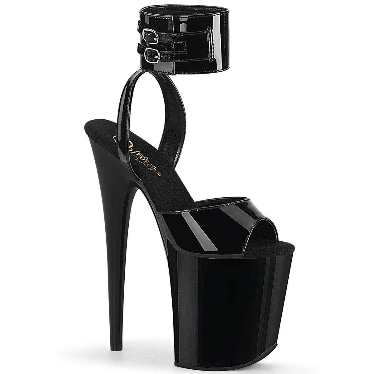 Pleaser Flamingo-891 B/M - Shiny Black High-Platform Ankle Strap Heels