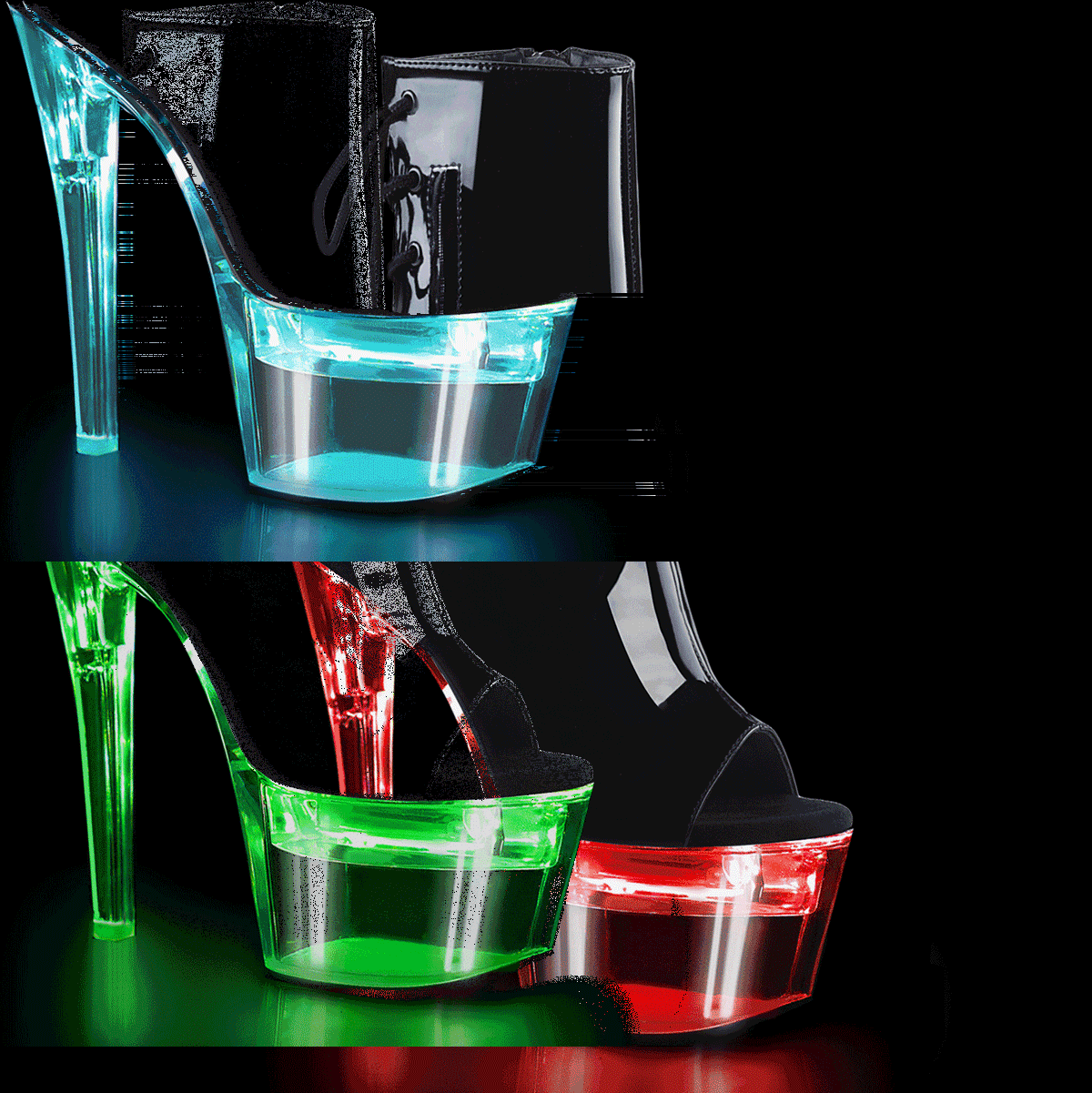 Pleaser Flashdance-1018-7 B/C - Shiny Black Illuminating High-Platform Peep Toe Boots
