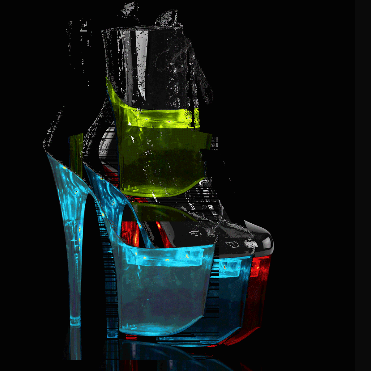 Pleaser Flashdance-1020-8 B/C - Shiny Black Illuminating High-Platform Ankle Boots